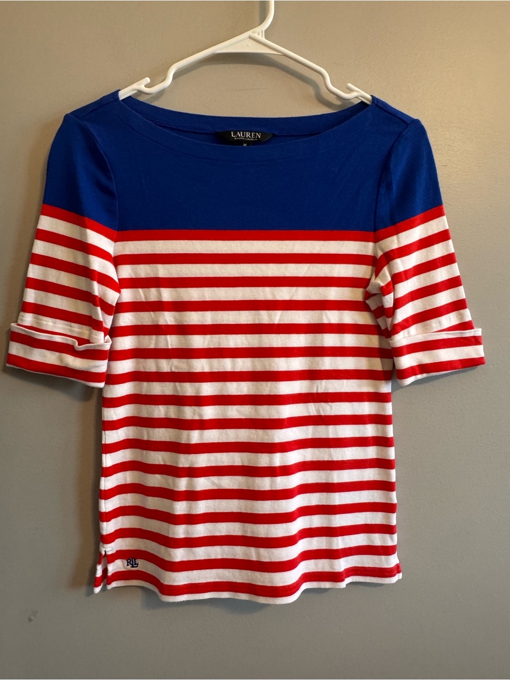 Lauren Ralph Lauren Women’s M Red White Blue Striped 3/4 Sleeve Nautical Top